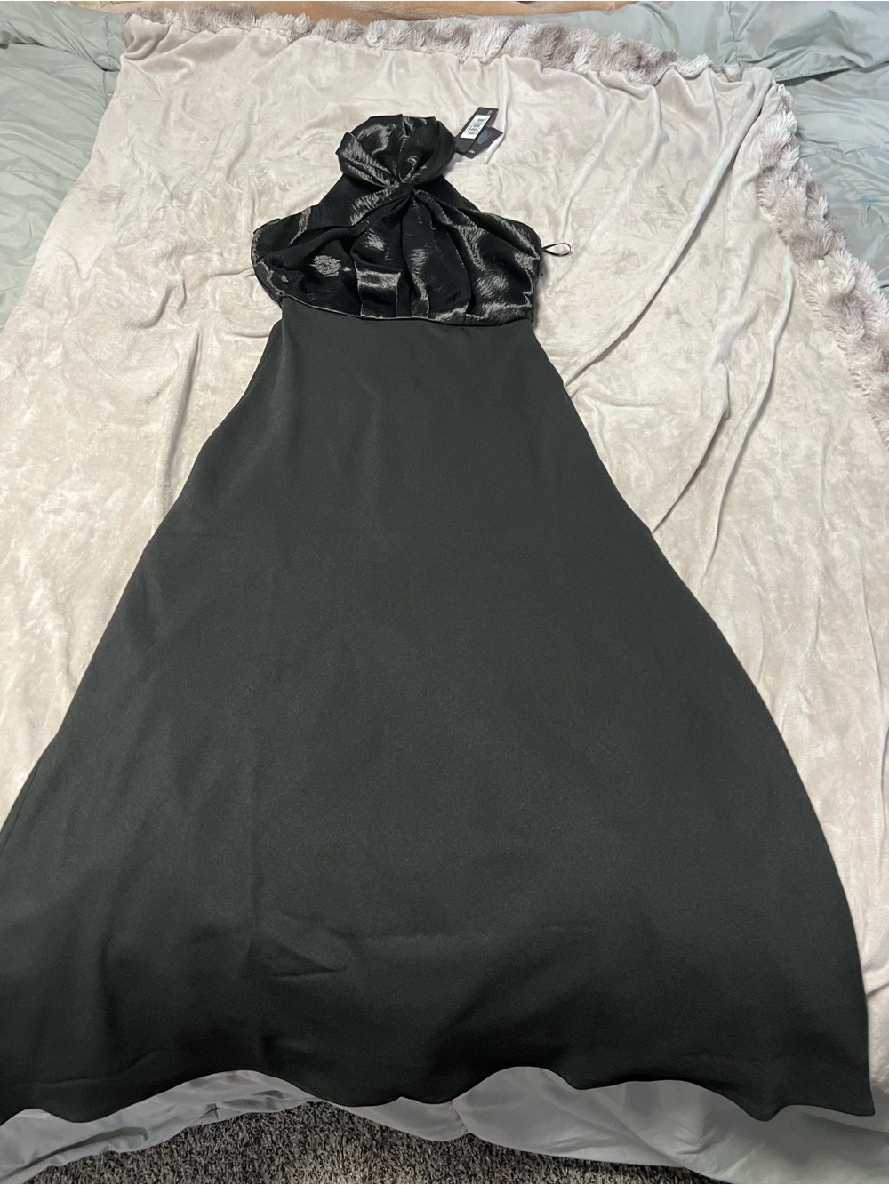 Black Satin-Trim Halter Evening Dress